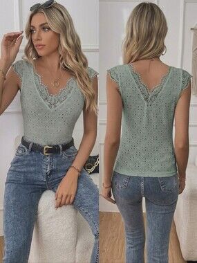Shein Eyelet Top Embroidery Crochet Lace Cap Sleeve Tank Sage Green Size Small